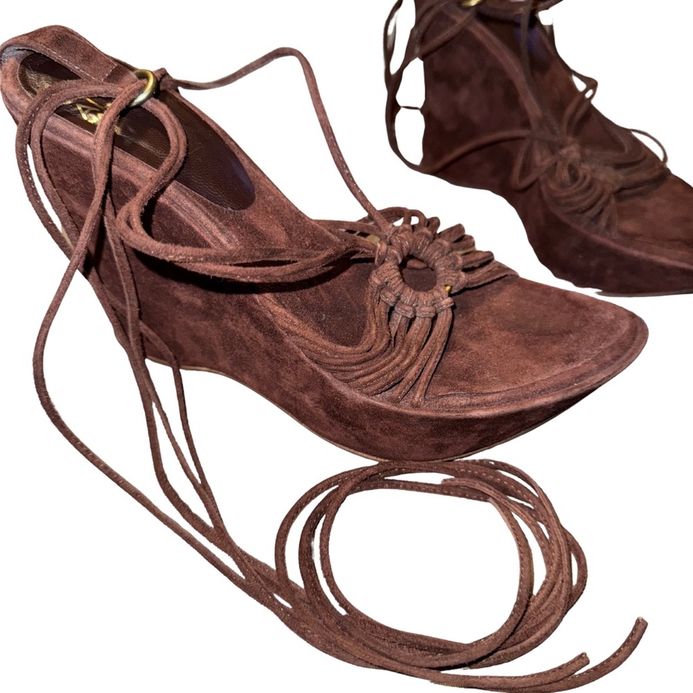 Aldo Brown Suede Wedge High Heels Strappy Size 6.5 w/ 5” Heel
